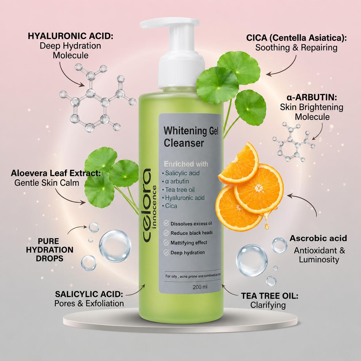 Celora Whitening gel cleanser(oily&acne prone skin) 200 ml